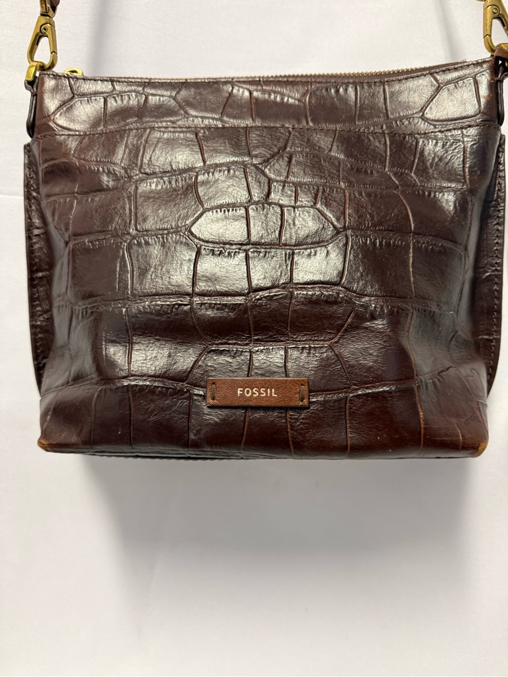 Fossil Brown Croc-Embossed Leather Crossbody Bag